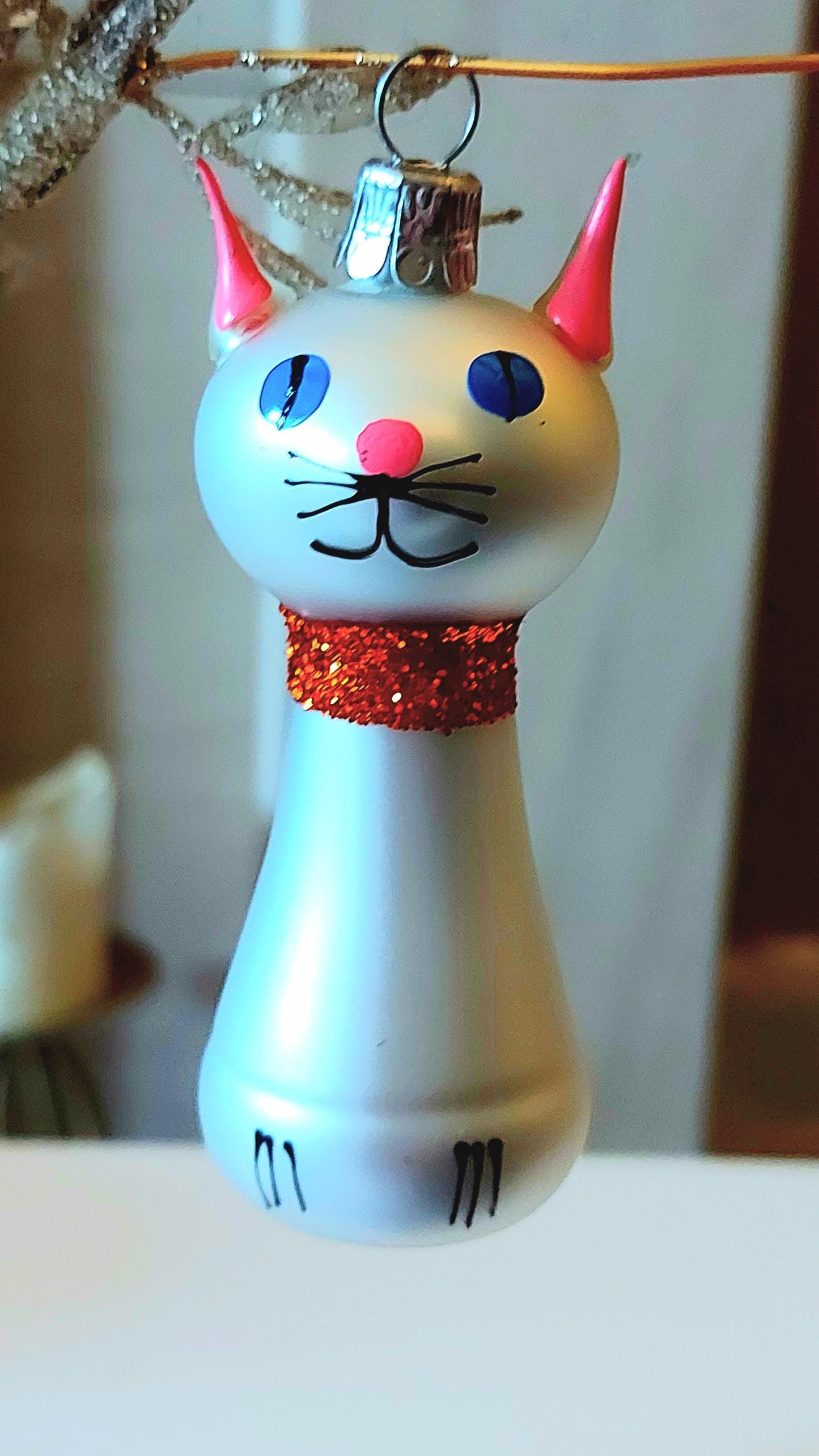 Vintage Czech Republic, Glass Blown, Hand Painted Christmas Tree Ornament - Silver Cat
