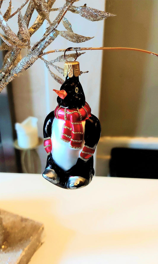 Vintage Hand Painted Glass Penguin Christmas Ornament - Czech Republic