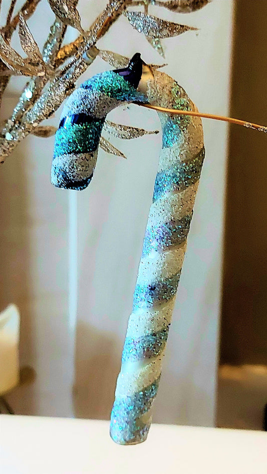 Vintage Czech Republic, Glass Blown, Hand Painted Christmas Tree Ornament - Small  Candy Cane