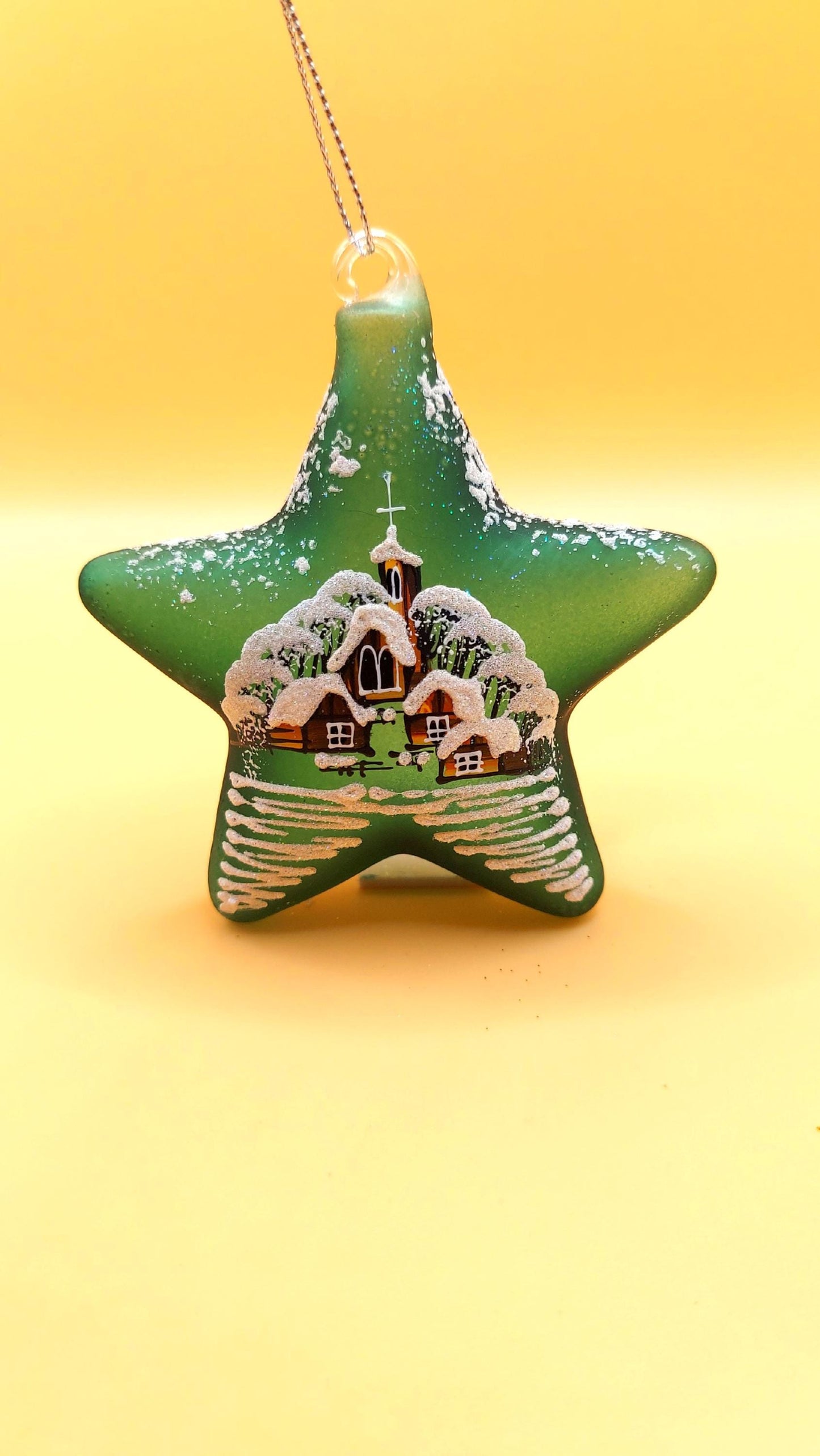 Vintage Czech Glass Christmas Ornament: Hand-Painted Green Star, House Motif