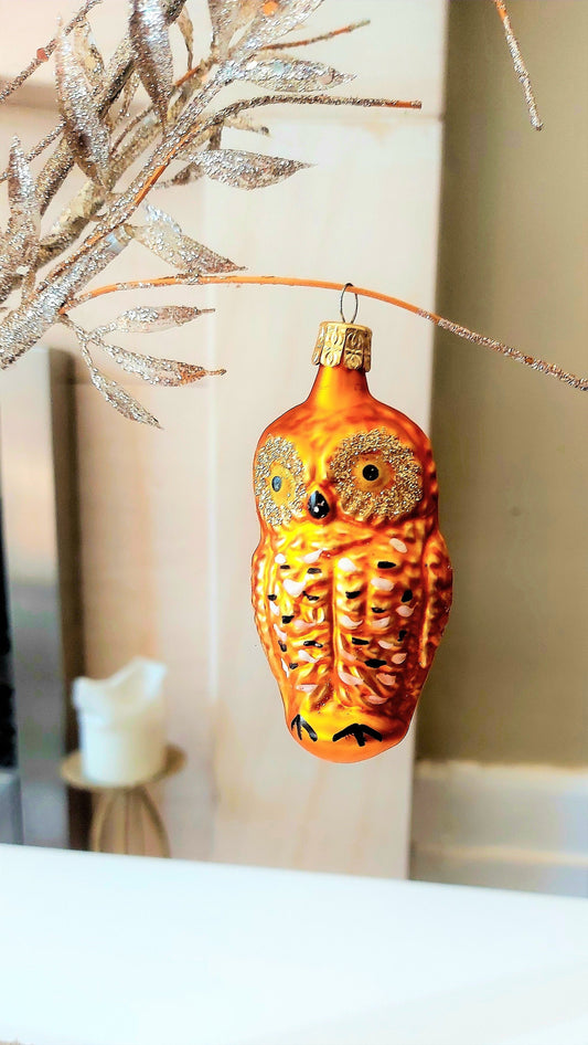 Vintage Czech Republic, Glass Blown, Hand Painted Christmas Tree Ornament - Owl