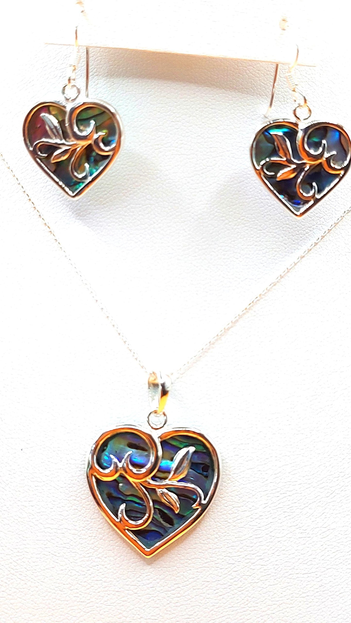 Silver Handmade Inlay Pendant/Earring Set Semi Precious Abalone Shell- Heart