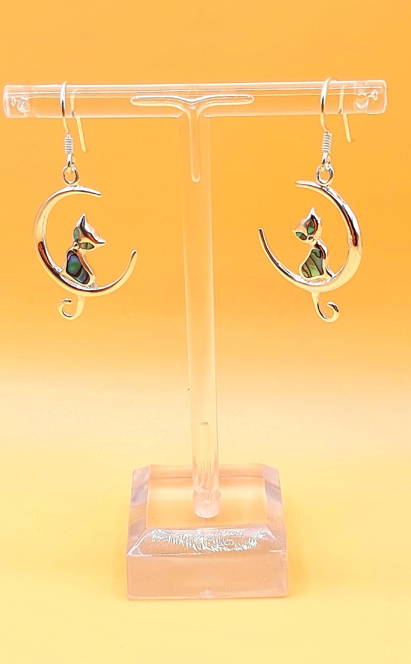 Silver Handmade Inlay Earrings Semi Precious Abalone Shell- Cat on Moon