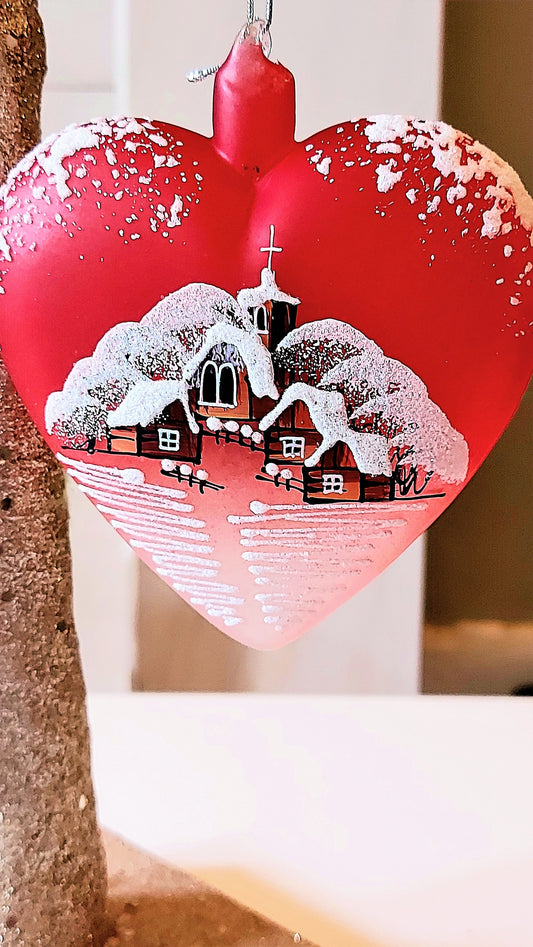 Czech Glass Christmas Ornament: Hand-Painted Red Heart House