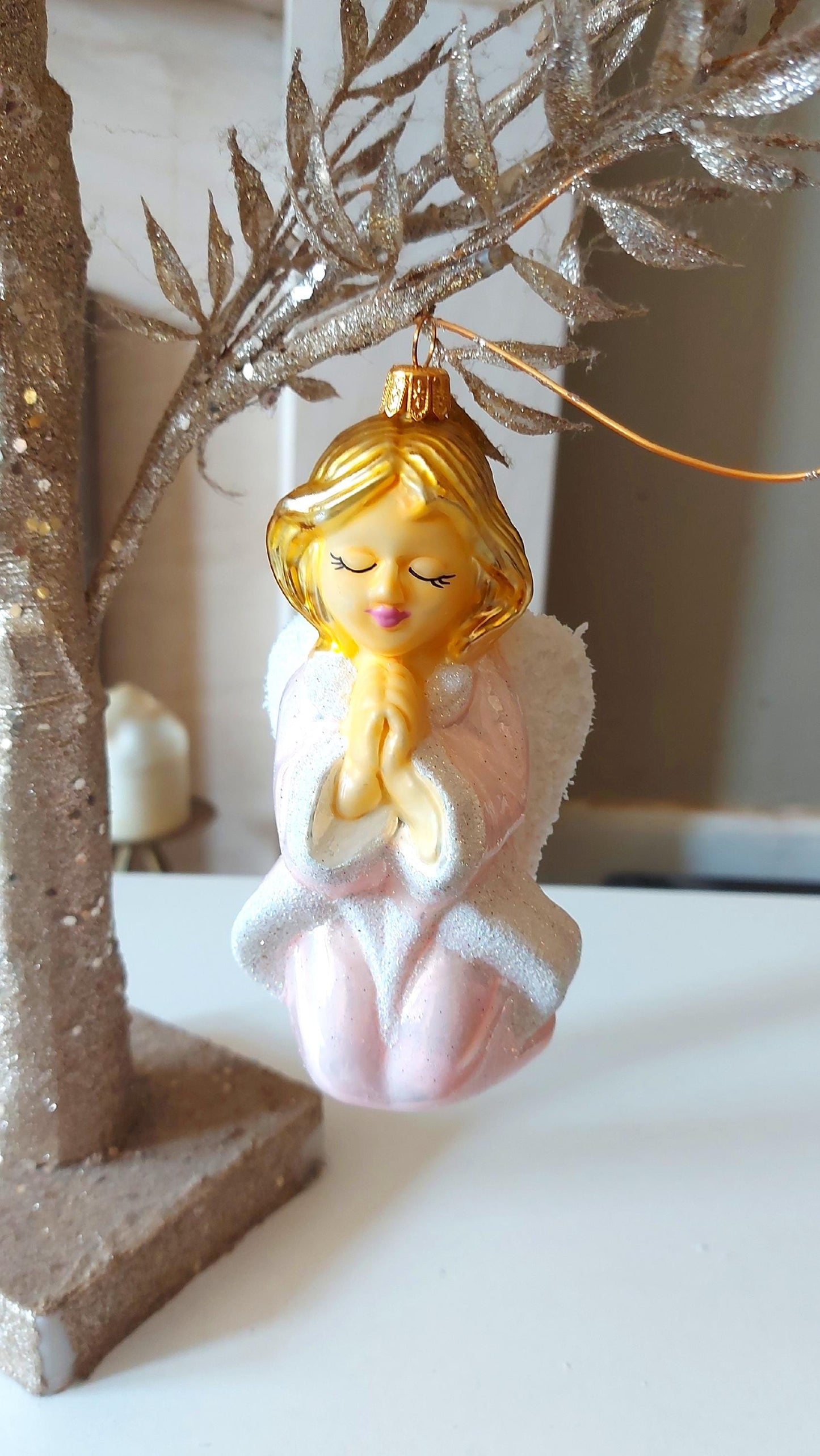 Vintage Czech Republic, Glass Blown, Hand Painted Christmas Tree Ornament - Pink Angel