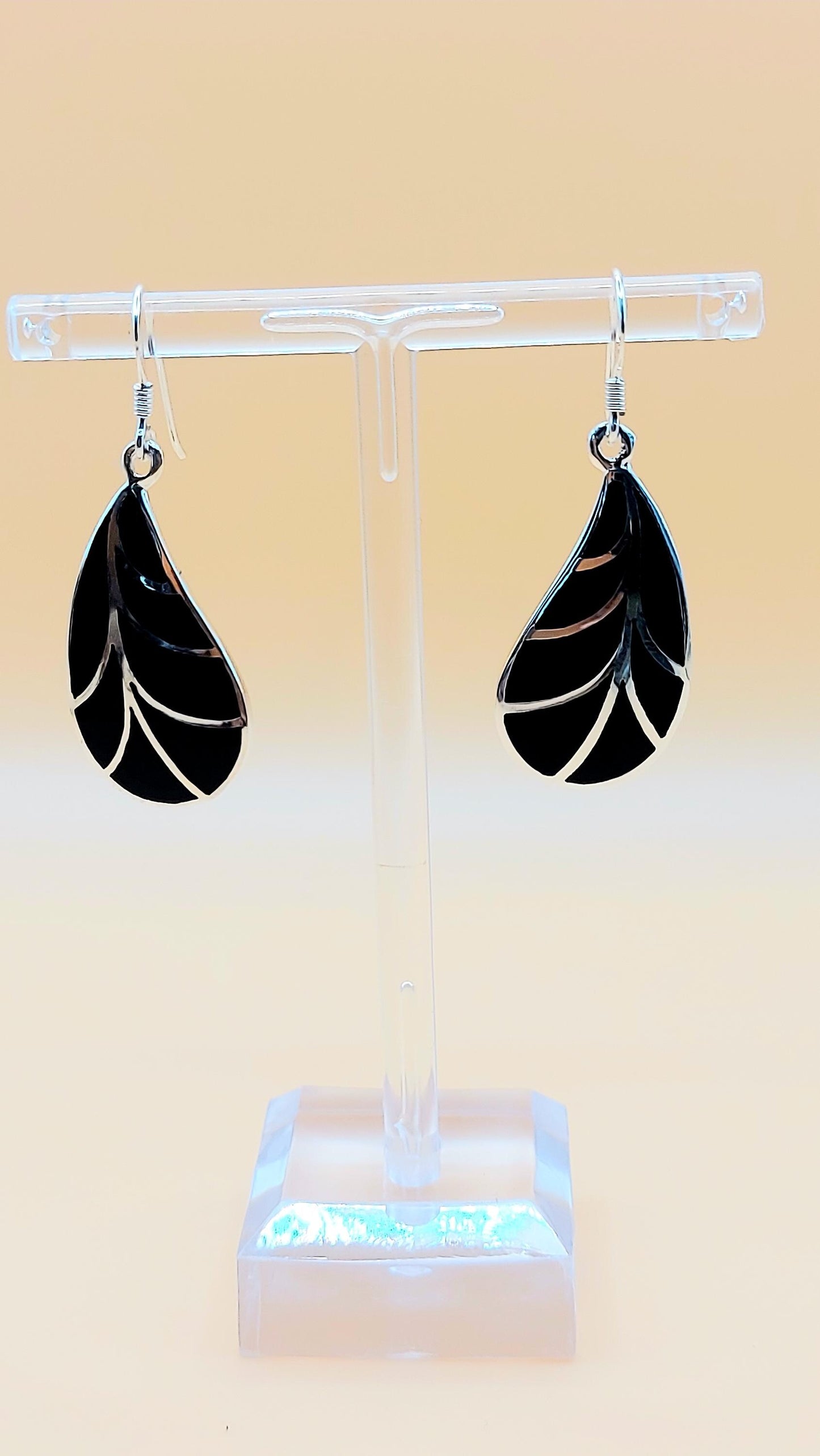 Silver Handmade Inlay Earrings Semi Precious Black Onyx- Black Leaf