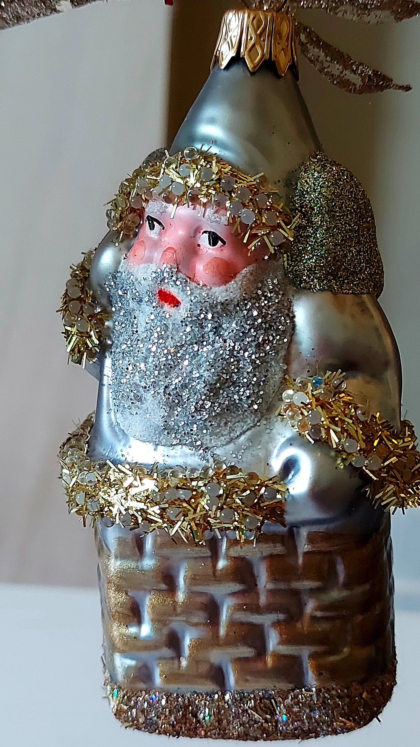 Vintage Czech Republic, Glass Blown, Hand Painted Christmas Tree Ornament - Large Santa in Chimney