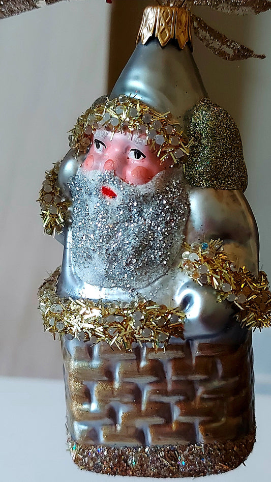 Czech Republic, Glass Blown, Hand Painted Christmas Tree Ornament - Large Santa in Chimney