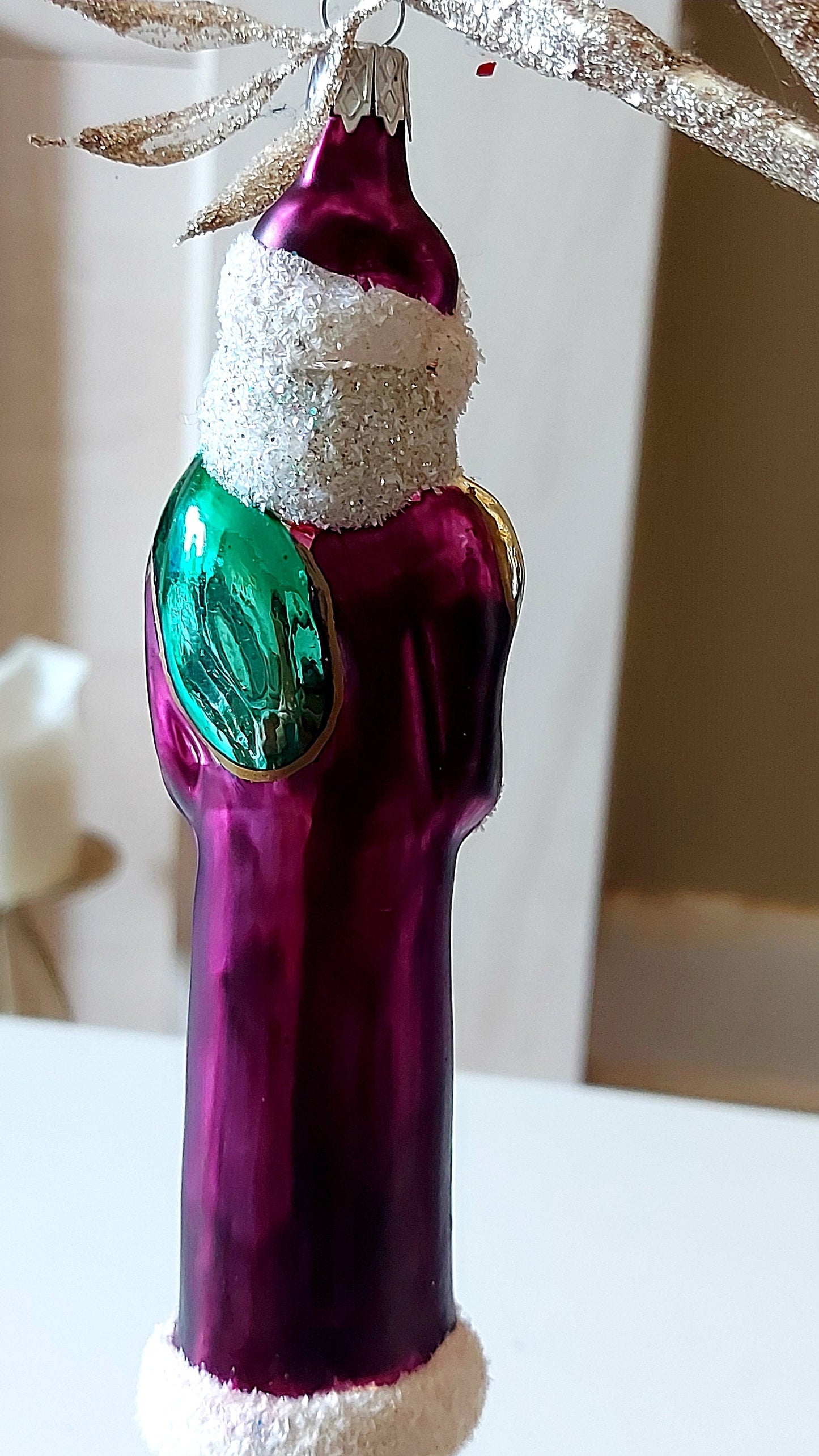 Vintage Czech Republic, Glass Blown, Hand Painted Christmas Tree Ornament - Thin Santa Purple
