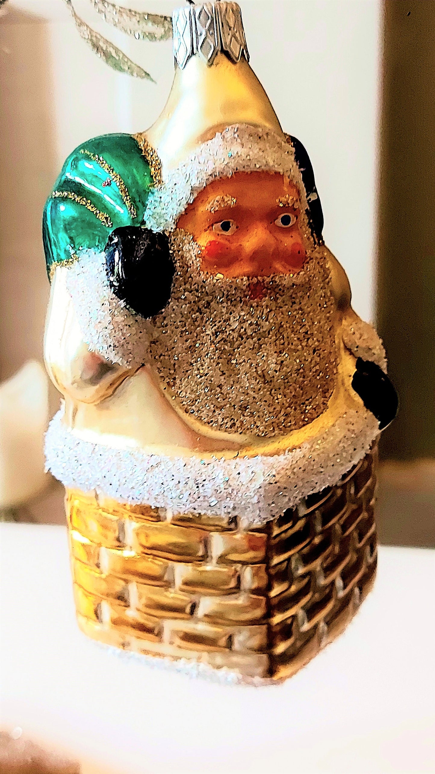 Vintage Czech Republic, Glass Blown, Hand Painted Christmas Tree Ornament - Large Santa in Chimney