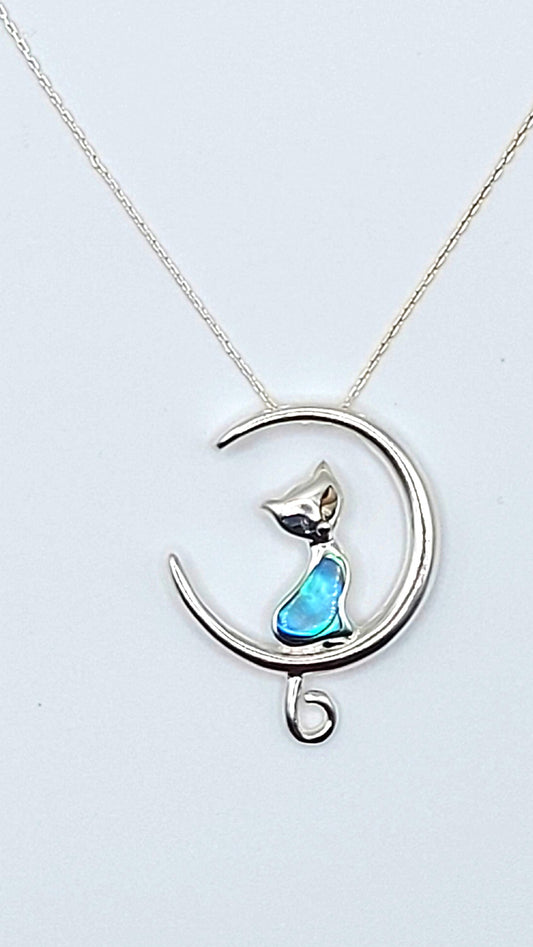 Silver Handmade Inlay Pendant Semi Precious Abalone Shell- Cat on Moon