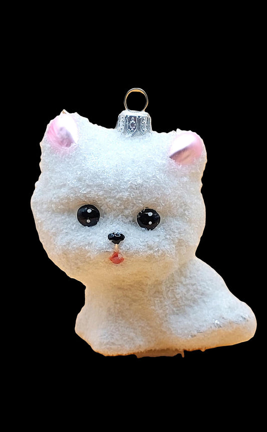 Vintage Czech Republic, Glass Blown, Hand Painted Christmas Tree Ornament - White Pussy Cat