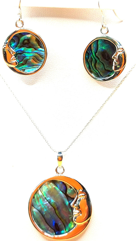 Silver Handmade Inlay Pendant/Earring Set Semi Precious Abalone Shell- Moon