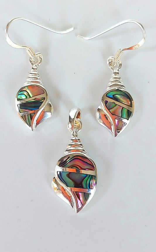 Silver Handmade Inlay Pendant/Earring Set Semi Precious Abalone Shell- Shell