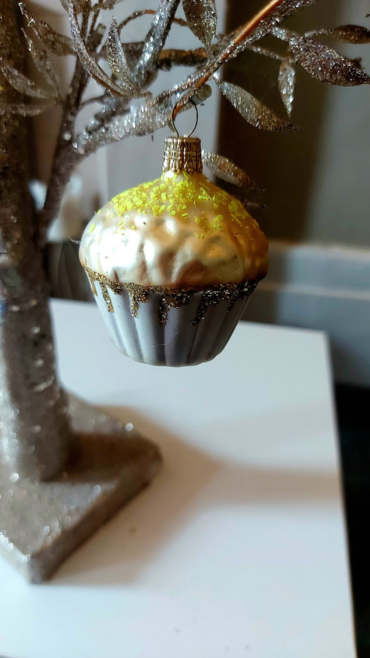 Vintage, Czech Republic, Glass Blown, Hand Painted Christmas Tree Ornament - Cup Cake
