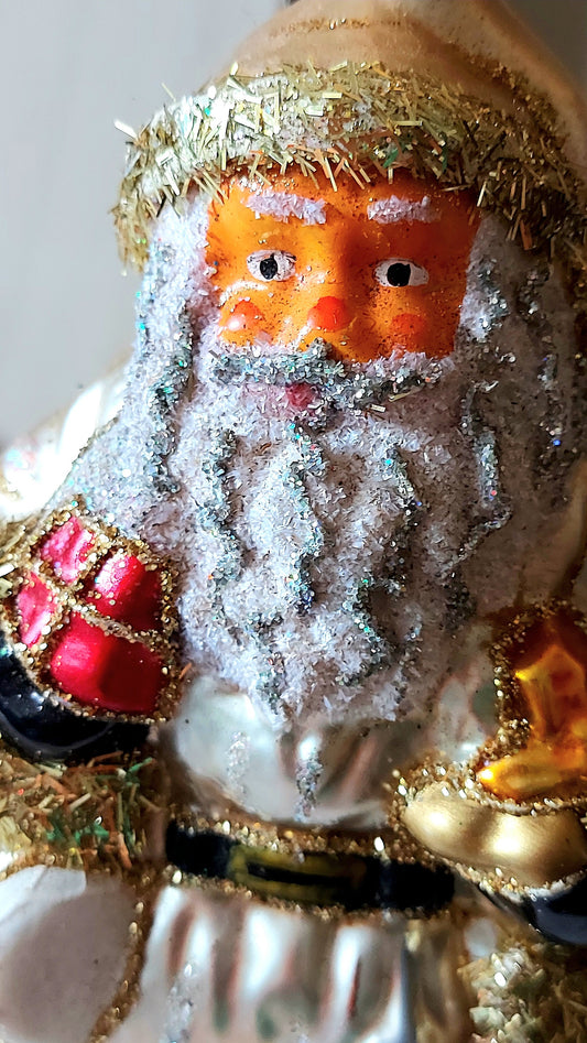 Vintage Czech Republic, Glass Blown, Hand Painted Christmas Tree Ornament - Very Large Santa