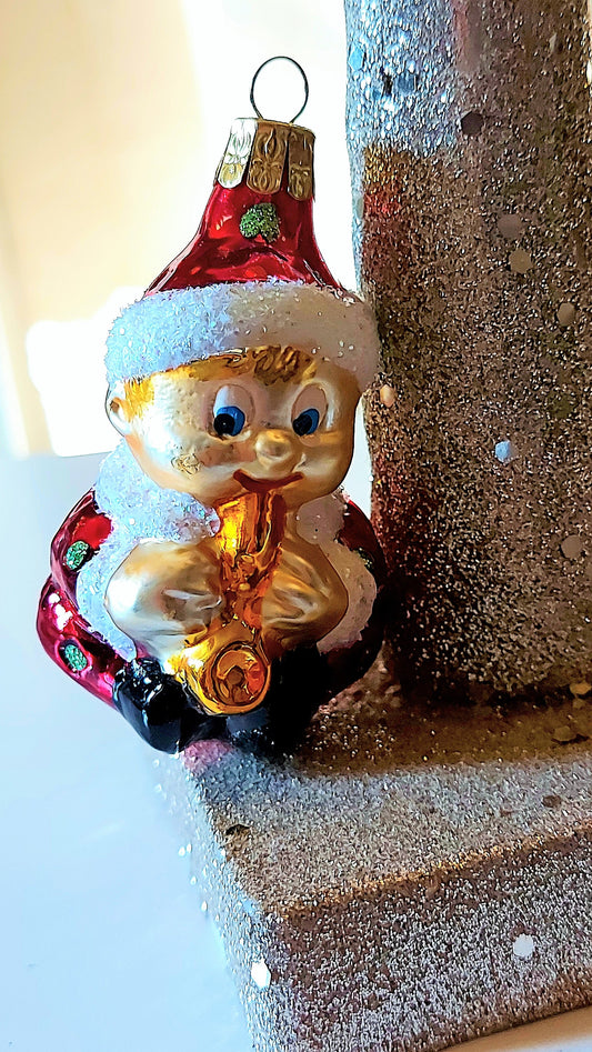 Vintage Czech Republic, Glass Blown, Hand Painted Christmas Tree Ornament - Gnome Musician