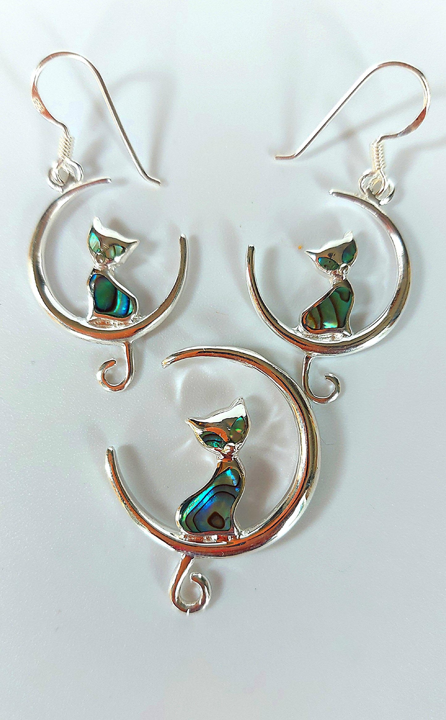 Silver Handmade Inlay Pendant/Earring Set Semi Precious Abalone Shell- Cat on Moon