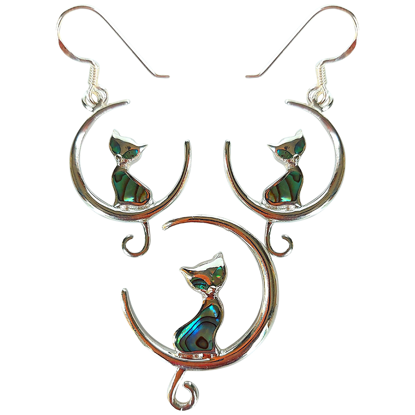 Silver Handmade Inlay Pendant/Earring Set Semi Precious Abalone Shell- Cat on Moon