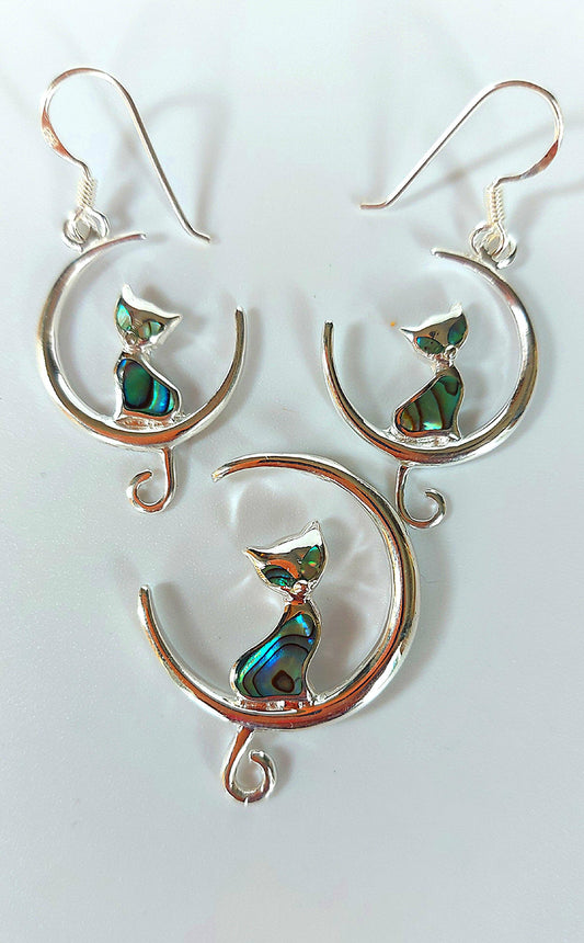 Silver Handmade Inlay Pendant/Earring Set Semi Precious Abalone Shell- Cat on Moon