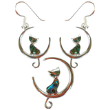 Silver Handmade Inlay Pendant/Earring Set Semi Precious Abalone Shell- Cat on Moon