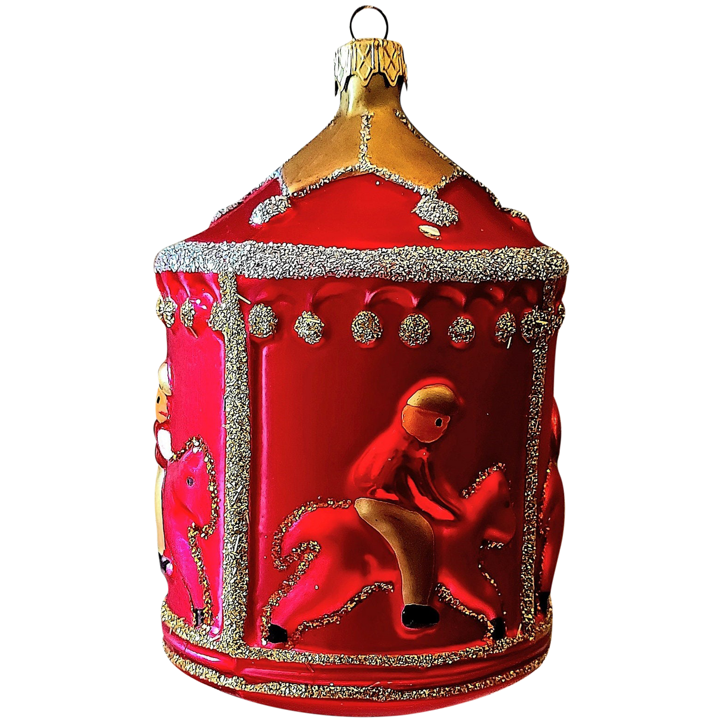 Czech Republic, Glass Blown, Hand Painted Christmas Tree Ornament - Large Carousel Red