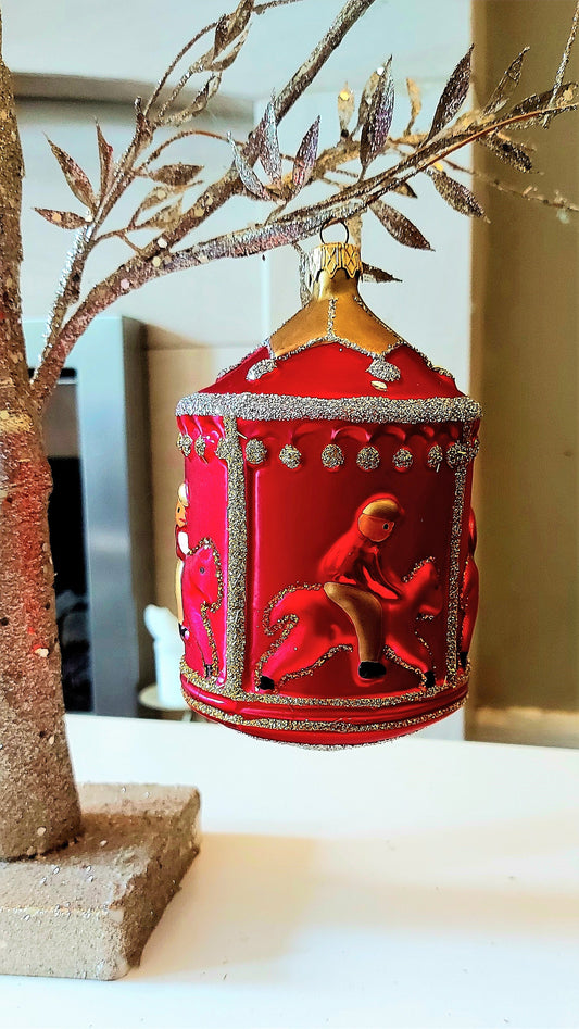 Vintage Czech Republic, Glass Blown, Hand Painted Christmas Tree Ornament - Large Carousel Red