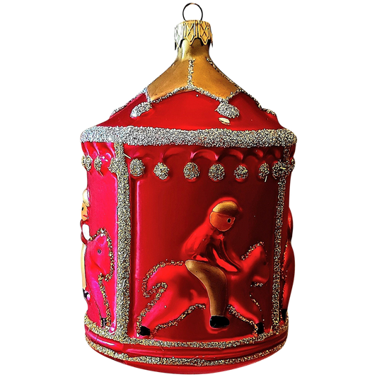 Czech Republic, Glass Blown, Hand Painted Christmas Tree Ornament - Large Carousel Red