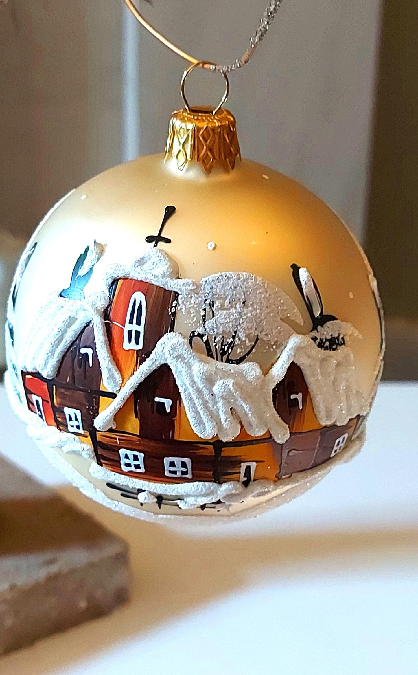 Vintage Czech Glass Christmas Ornament: Hand-Painted Gold large Ball