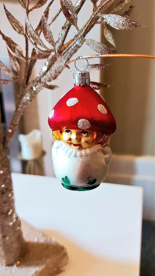 Vintage Czech Republic, Glass Blown, Hand Painted Christmas Tree Ornament - Mushroom Child