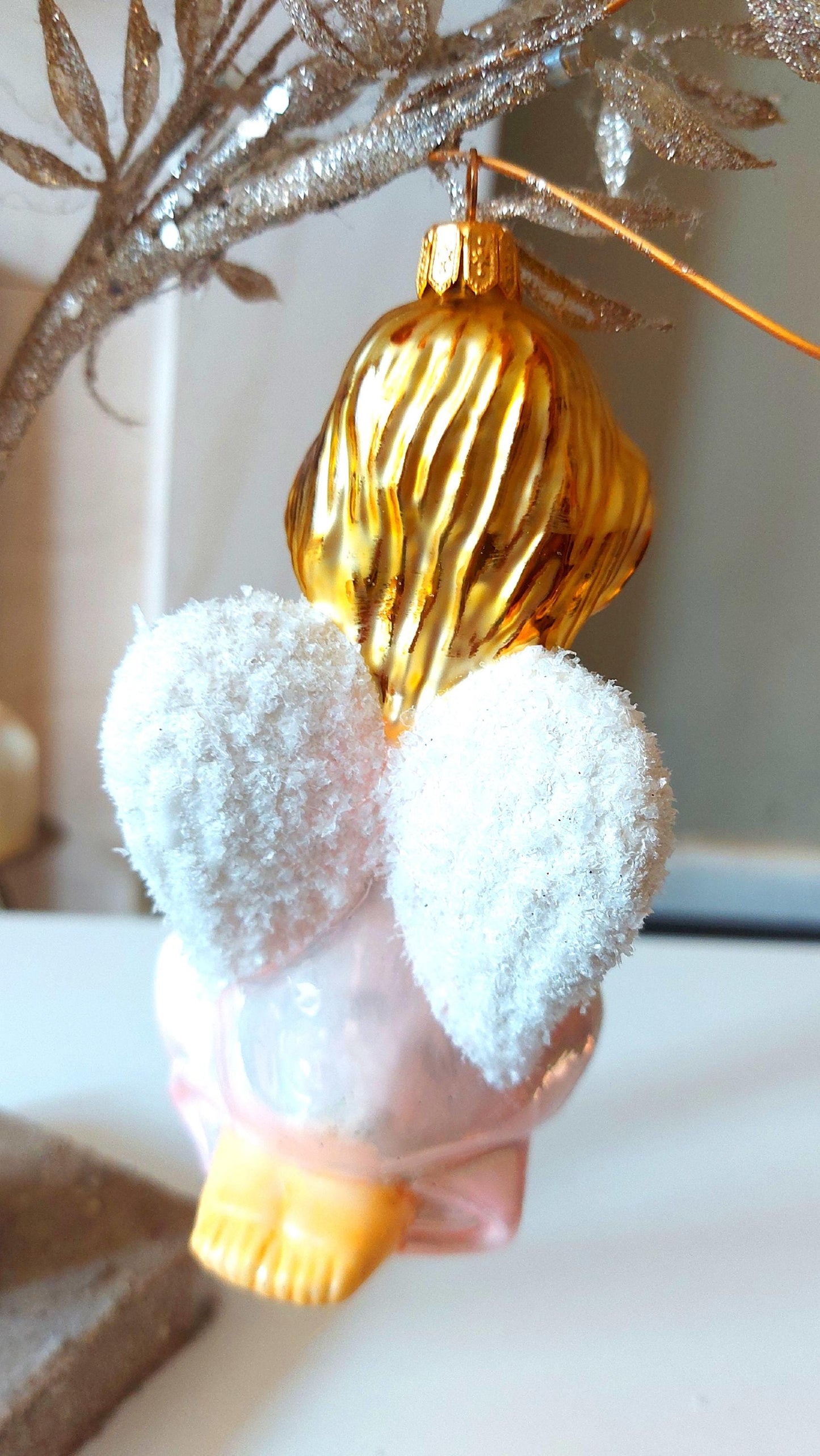 Vintage Czech Republic, Glass Blown, Hand Painted Christmas Tree Ornament - Pink Angel