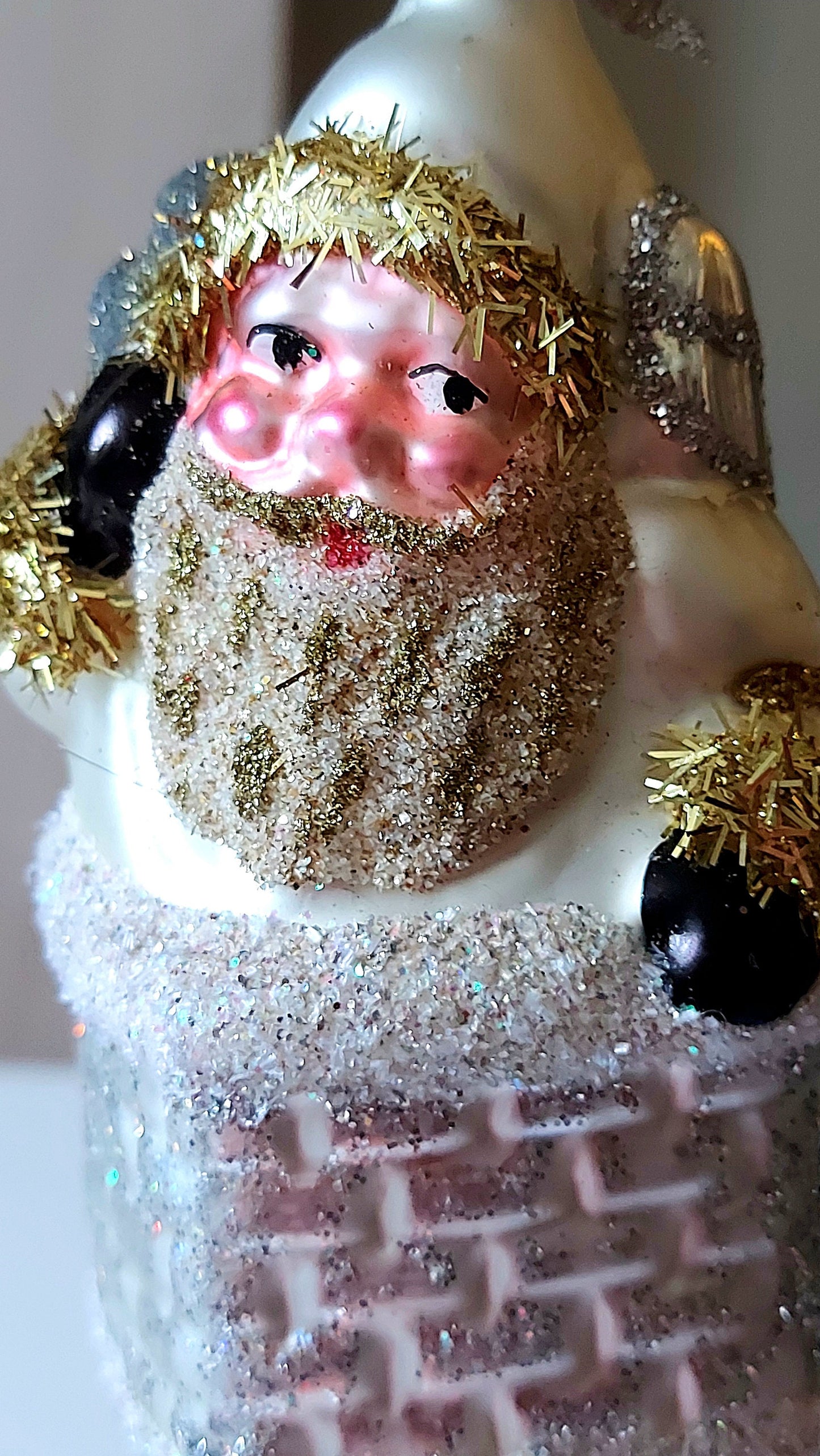 Vintage Czech Republic, Glass Blown, Hand Painted Christmas Tree Ornament - Large Santa in Chimney