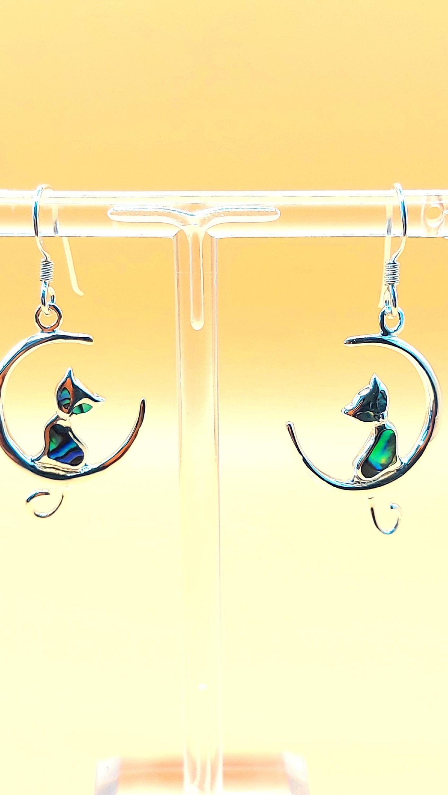 Silver Handmade Inlay Earrings Semi Precious Abalone Shell- Cat on Moon