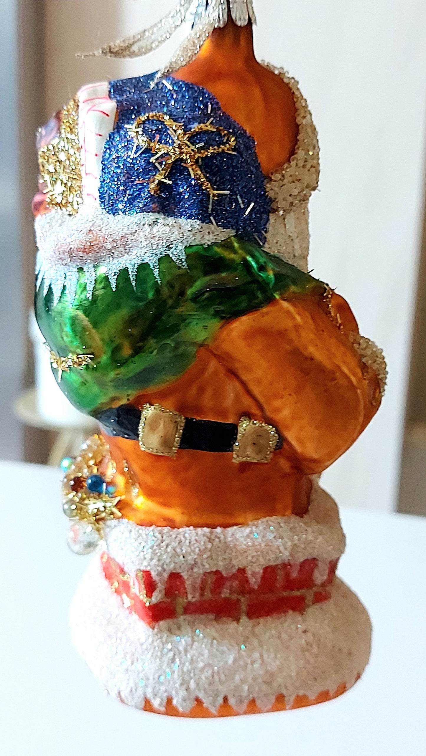 Vintage Czech Republic, Glass Blown, Hand Painted Christmas Tree Ornament - Large Santa Chimney Gold