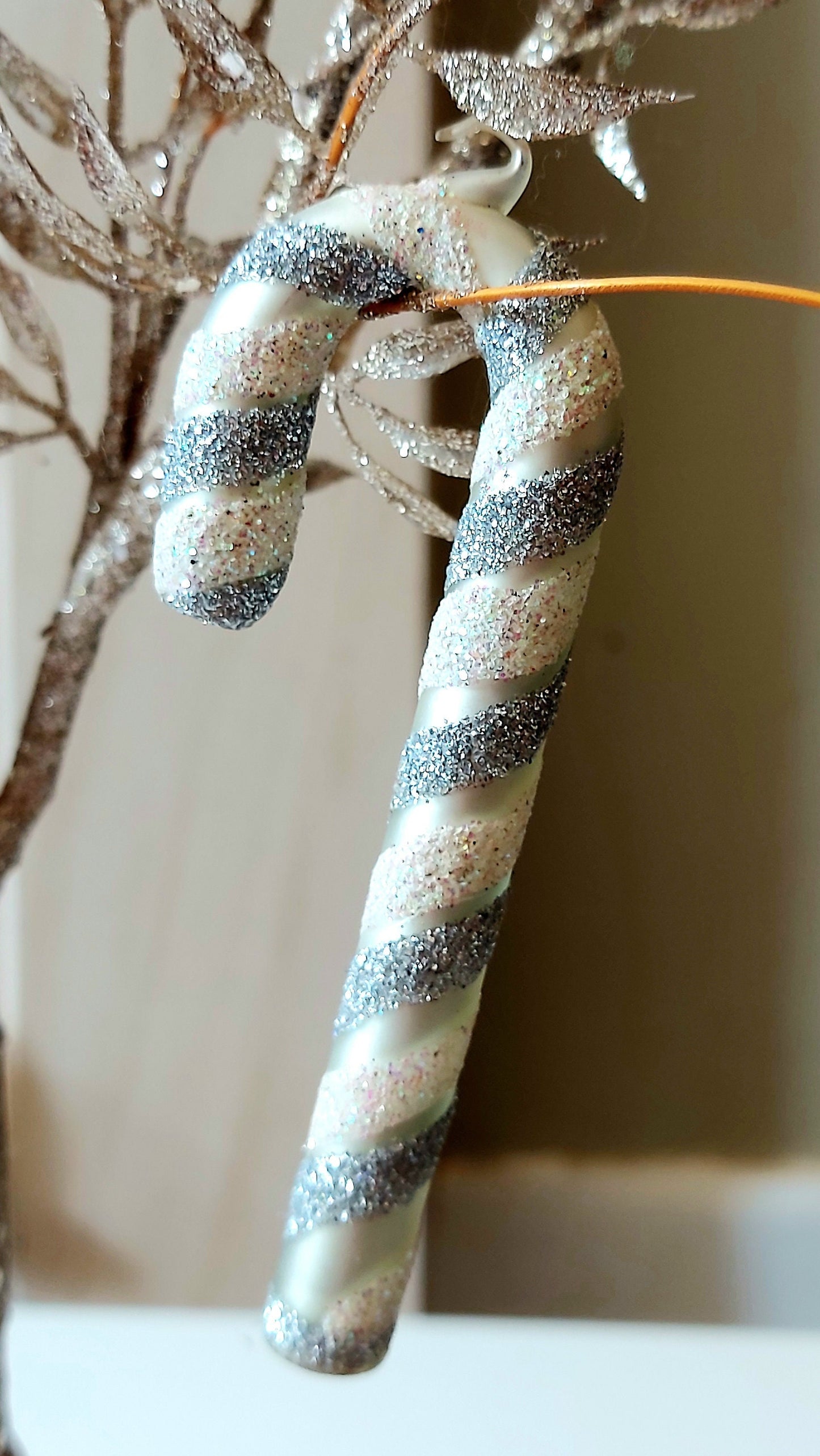 Vintage Czech Republic, Glass Blown, Hand Painted Christmas Tree Ornament - Small  Candy Cane