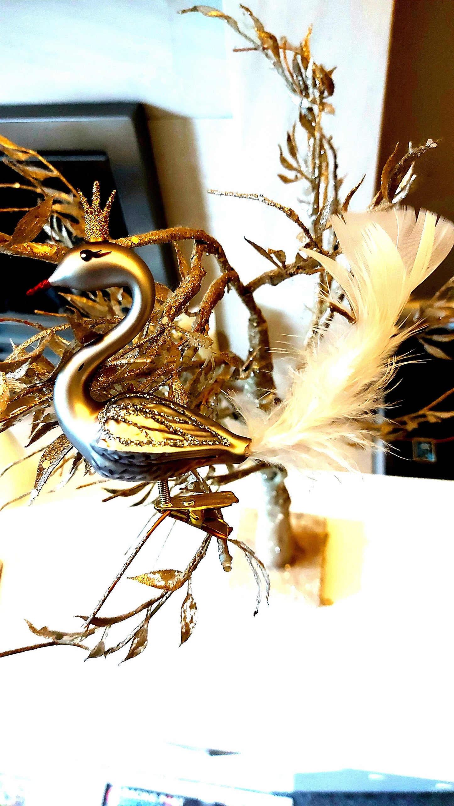 Vintage Czech Republic, Glass Blown, Hand Painted Christmas Tree Ornament - Swan with clip