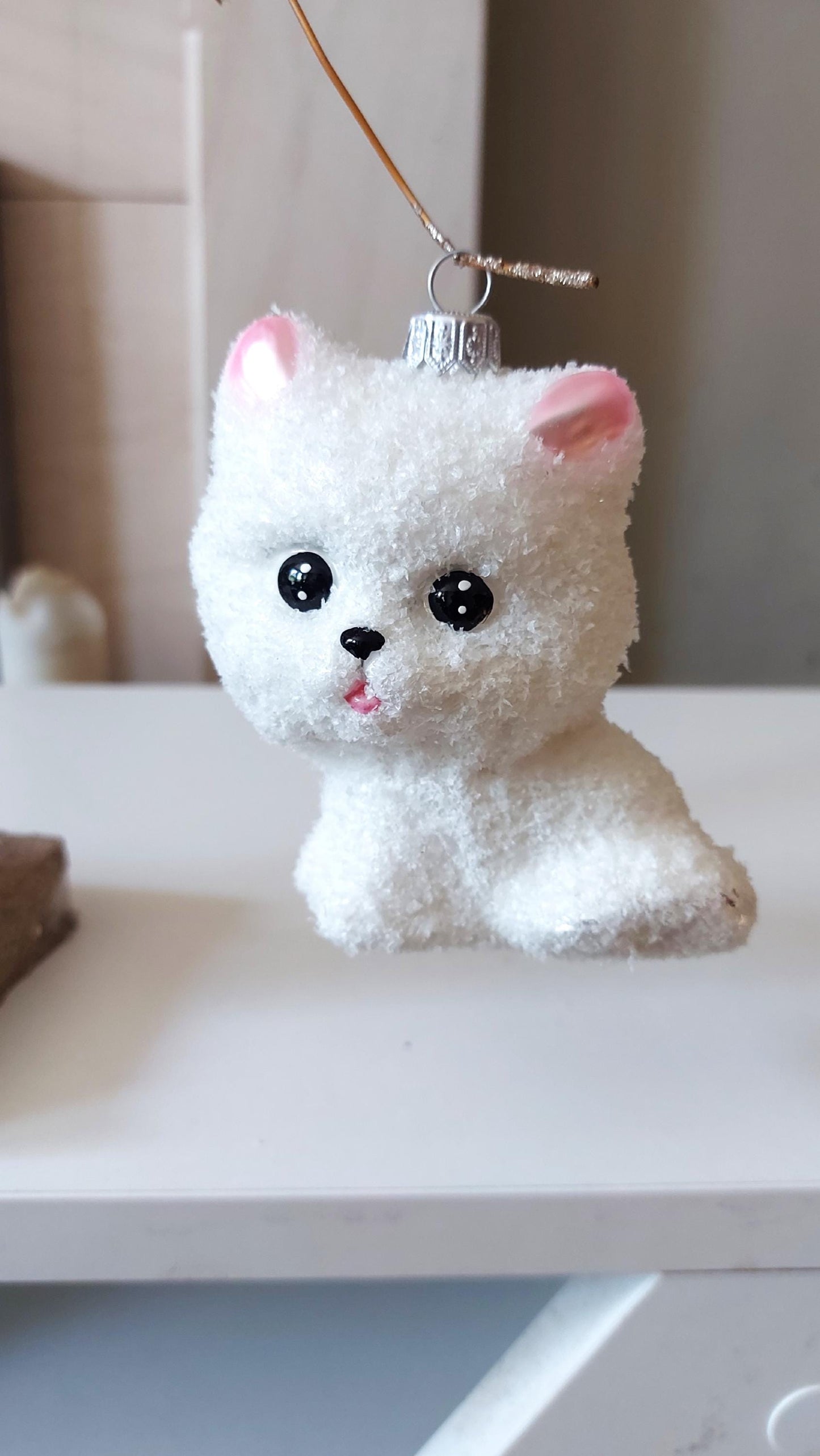 Vintage Czech Republic, Glass Blown, Hand Painted Christmas Tree Ornament - White Pussy Cat
