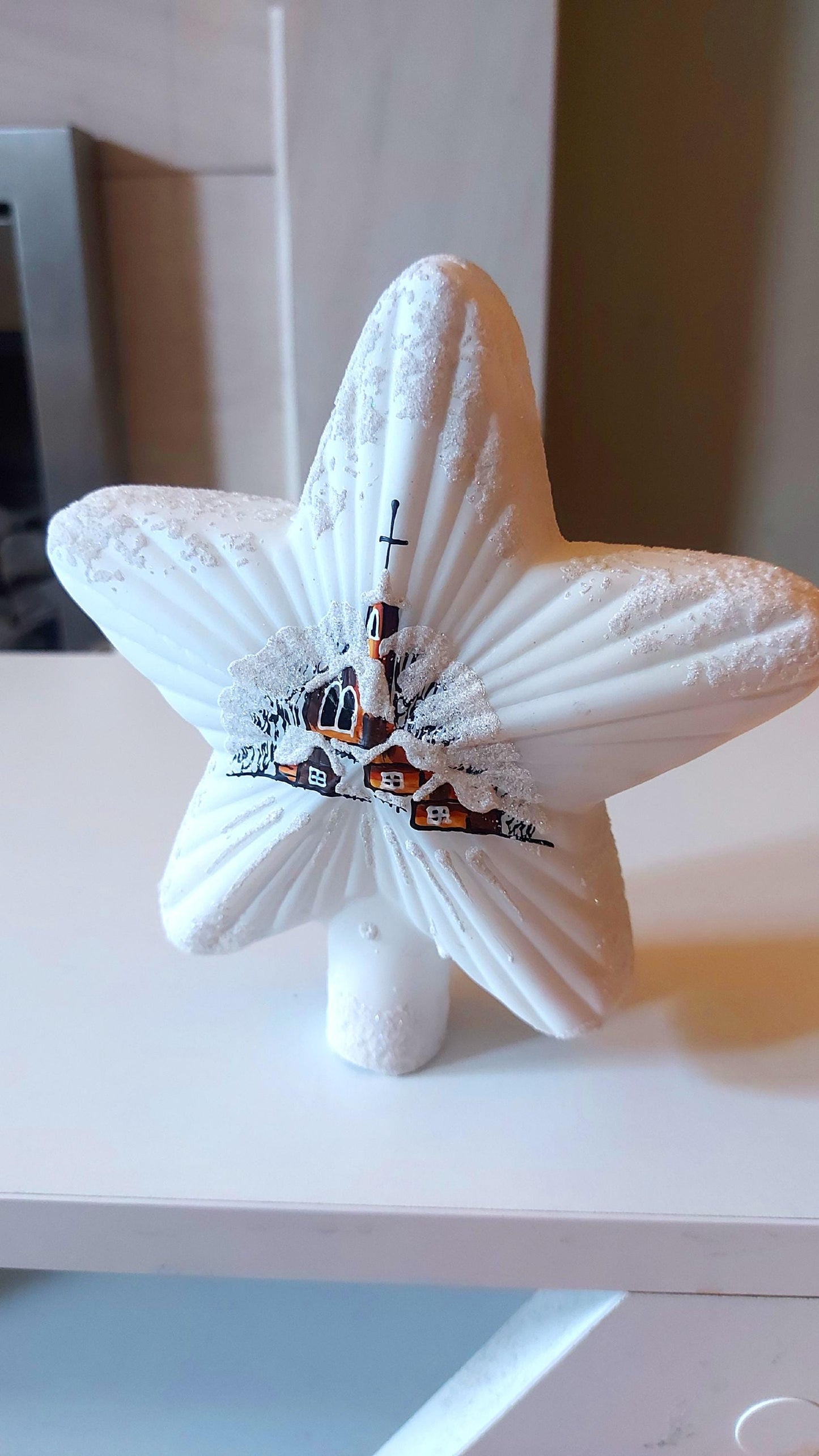Vintage Czech Republic, Glass Blown, Hand Painted Christmas Tree Ornament - White Star Tree Topper
