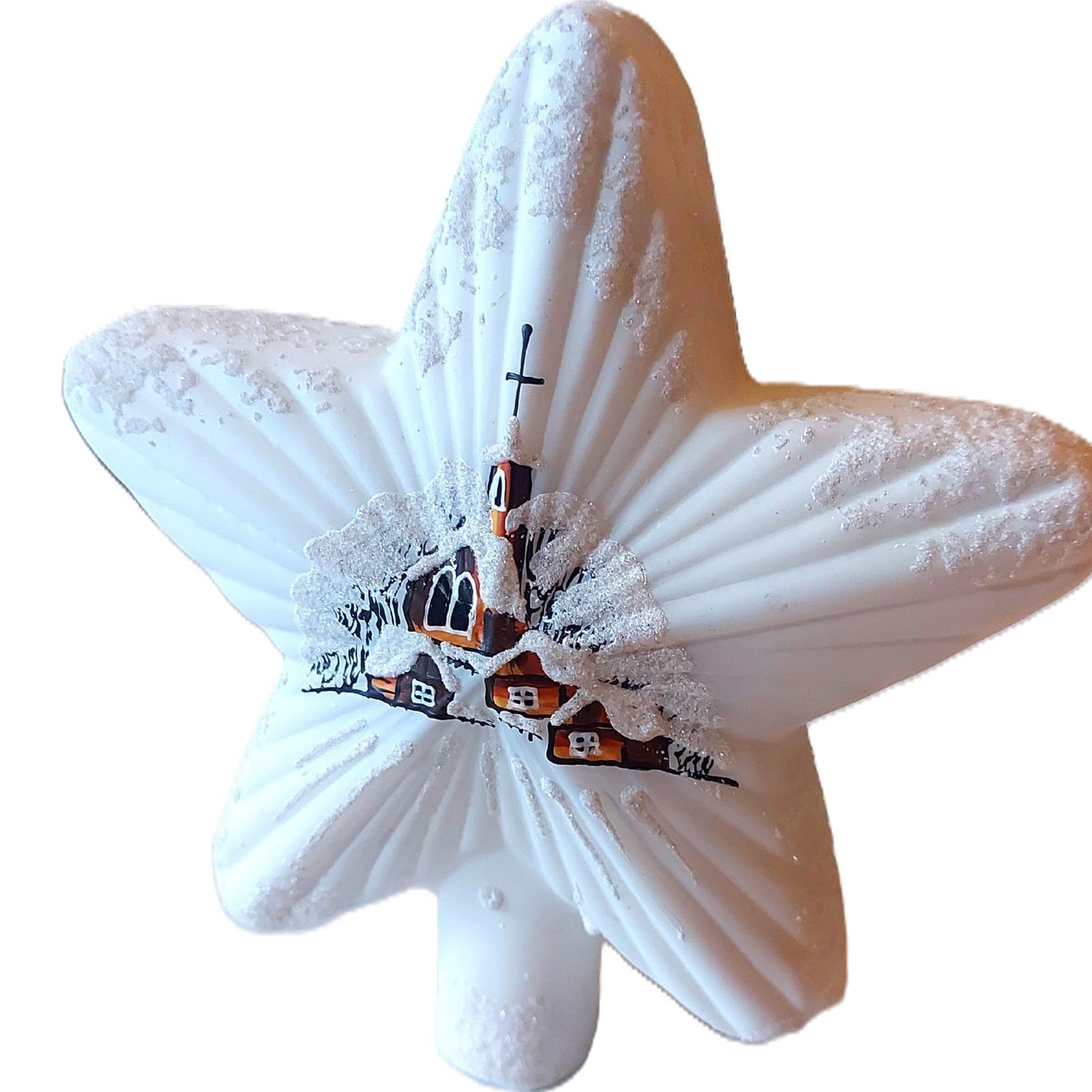 Vintage Czech Republic, Glass Blown, Hand Painted Christmas Tree Ornament - White Star Tree Topper