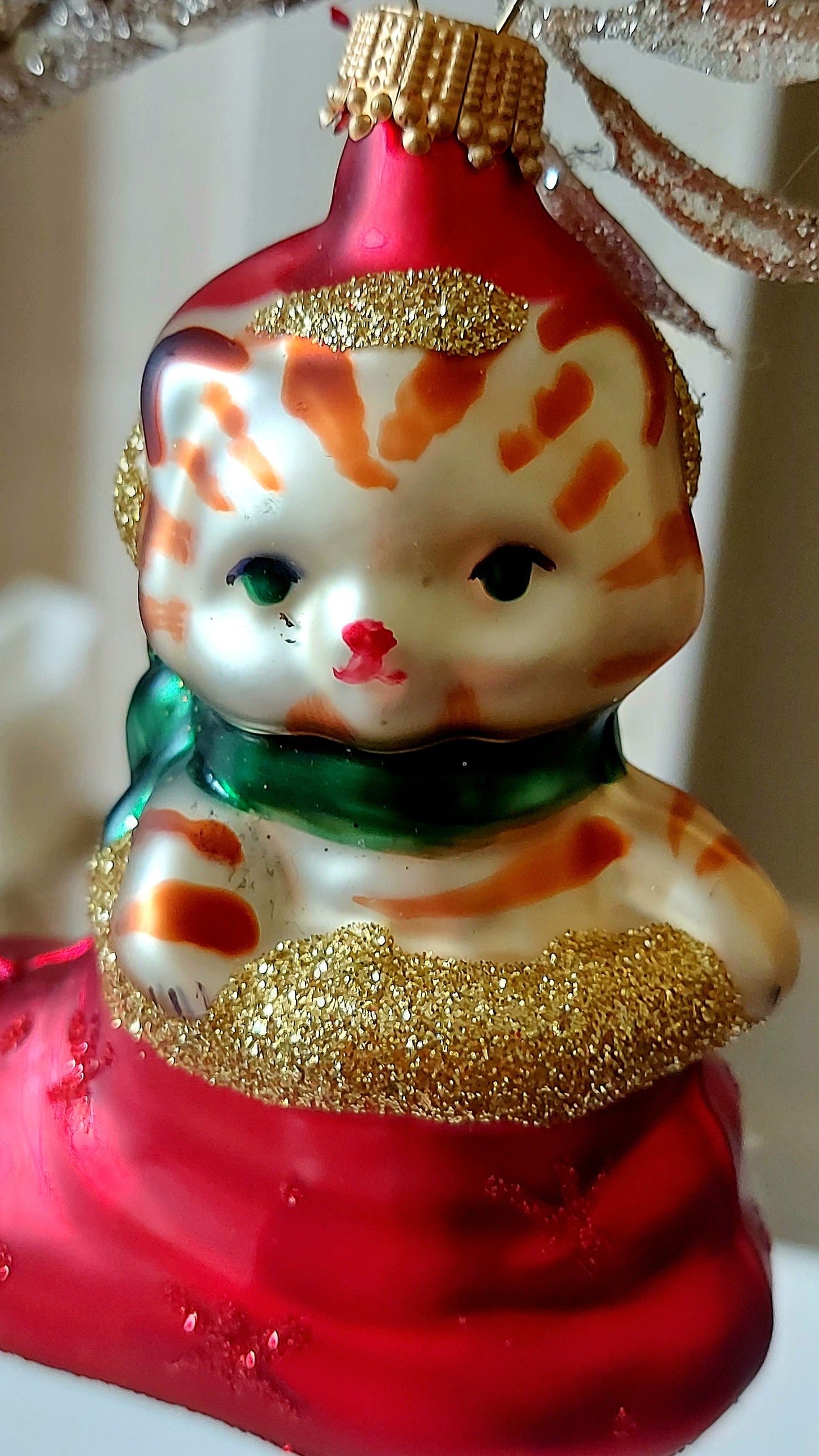 Vintage Czech Republic, Glass Blown, Hand Painted Christmas Tree Ornament - Cat in Boot