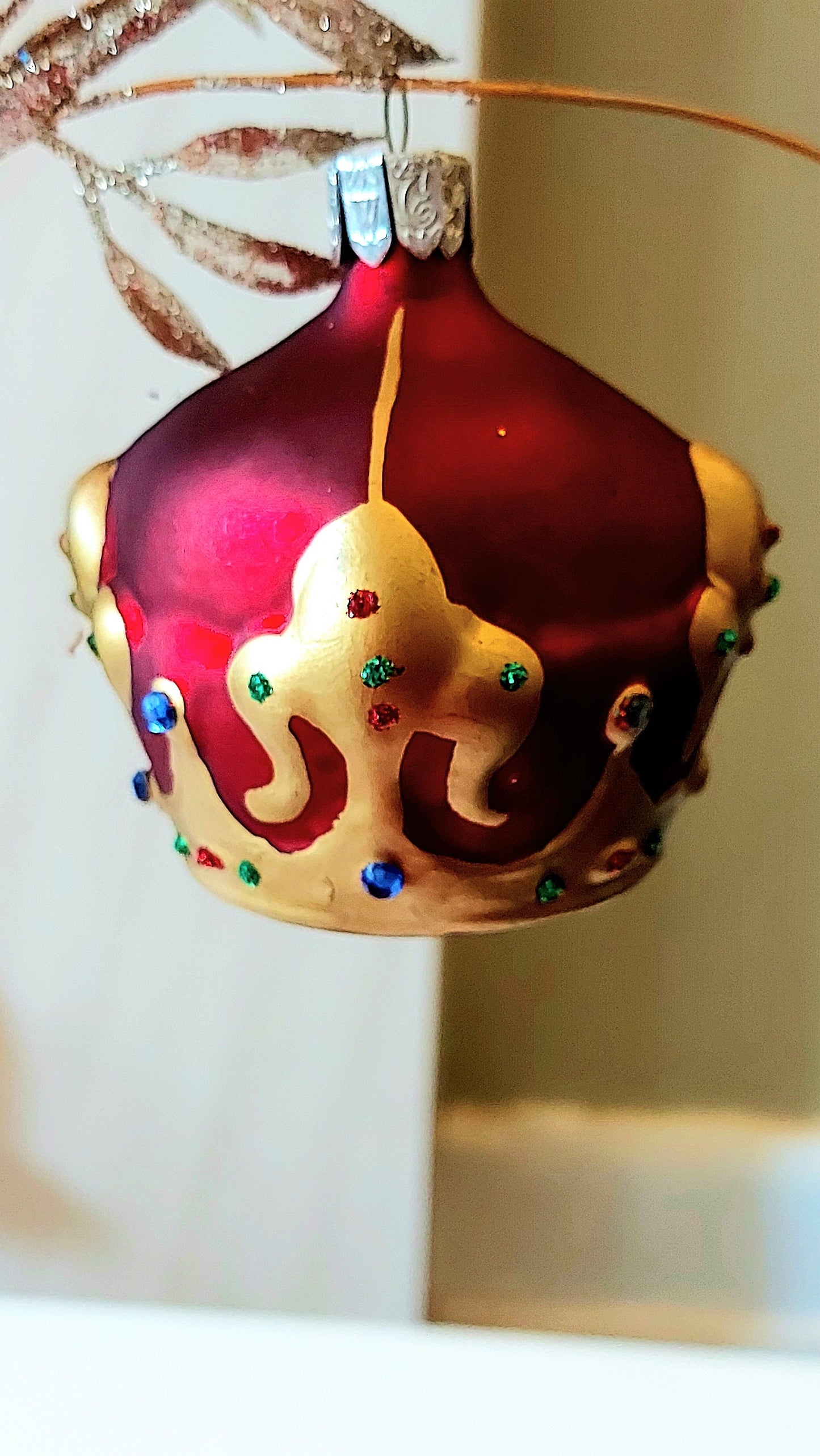 Vintage Czech Republic, Glass Blown, Hand Painted Christmas Tree Ornament - Crown