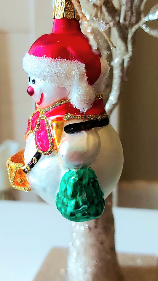 Vintage Czech Republic, Glass Blown, Hand Painted Christmas Tree Ornament - Snowman Drummer