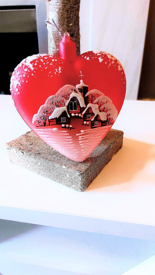 Vintage Czech Glass Christmas Ornament: Hand-Painted Red Heart House