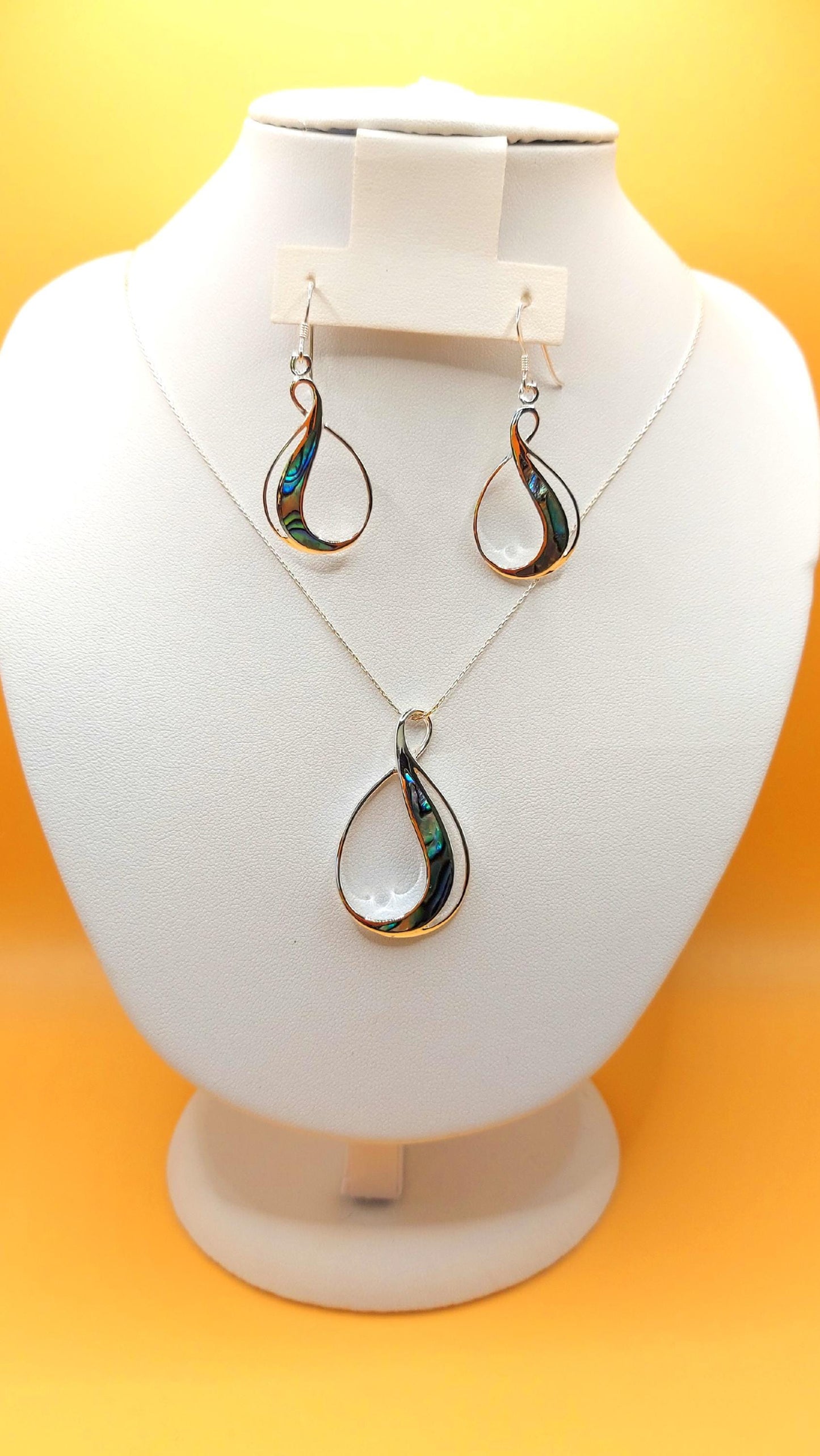 Silver Handmade Inlay Pendant/Earring Set Semi Precious Abalone Shell- Loop