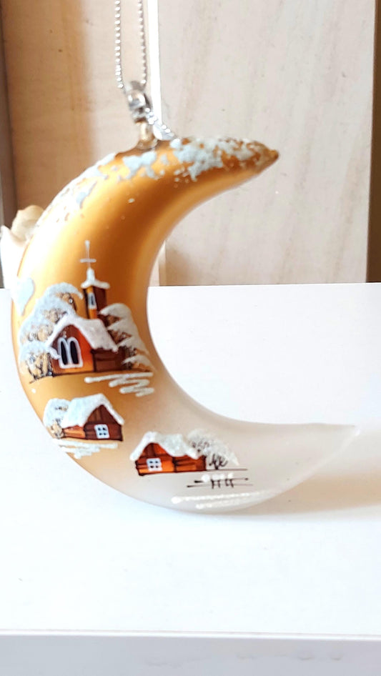 Vintage Hand Painted Glass Christmas Ornament: Czech Gold Half Moon