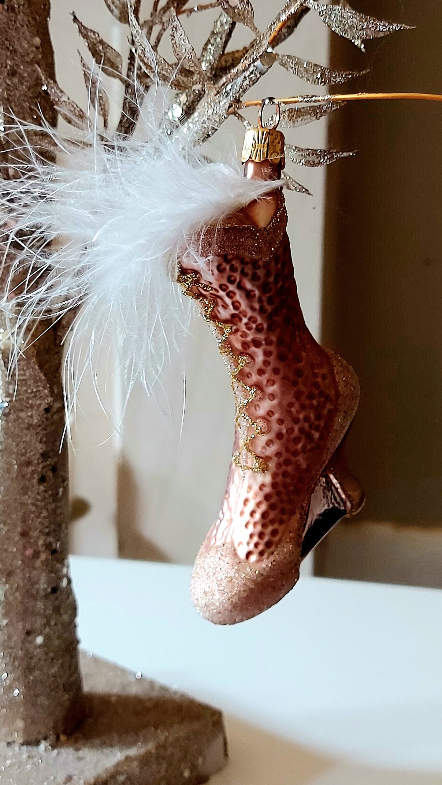 Vintage Czech Republic, Glass Blown, Hand Painted Christmas Tree Ornament - Boot Baby Pink