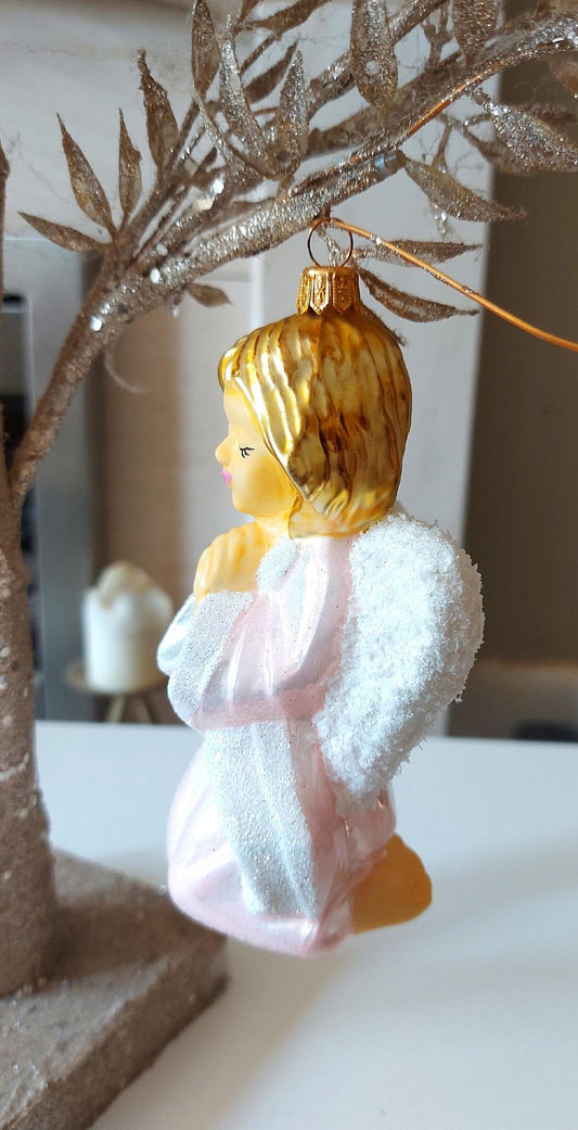 Vintage Czech Republic, Glass Blown, Hand Painted Christmas Tree Ornament - Pink Angel