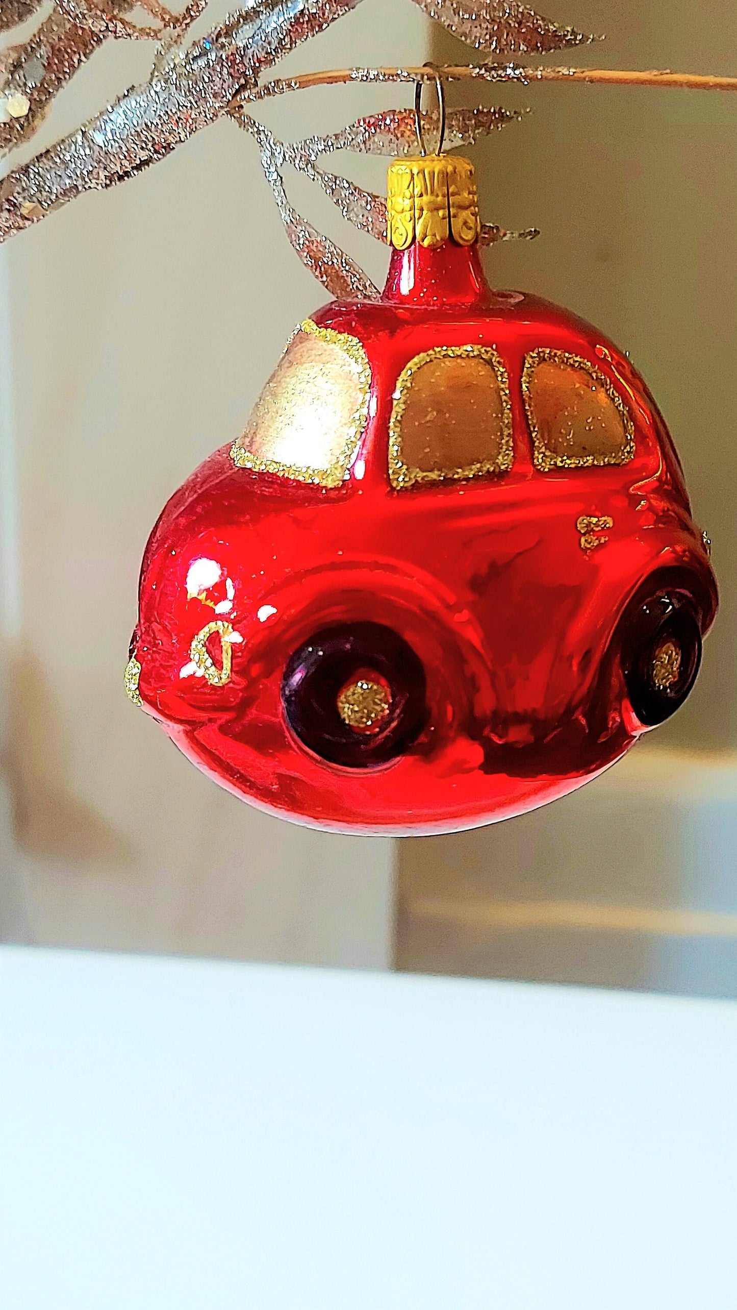 Vintage Czech Republic, Glass Blown, Hand Painted Christmas Tree Ornament - Car