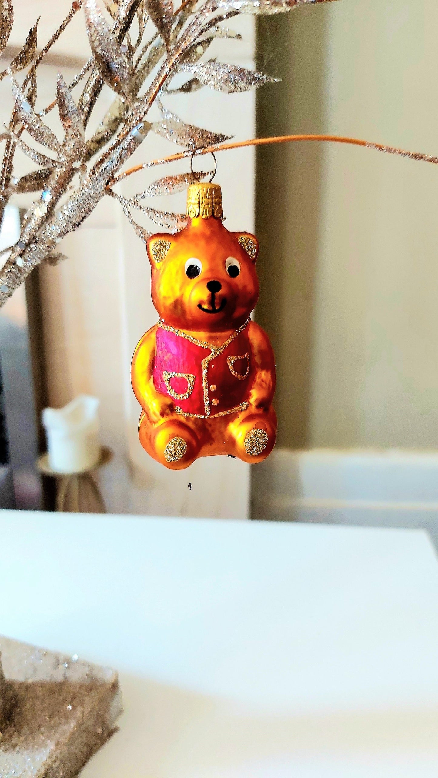 Vintage Czech Republic, Glass Blown, Hand Painted Christmas Tree Ornament - Teddy a pair ( x 2 )