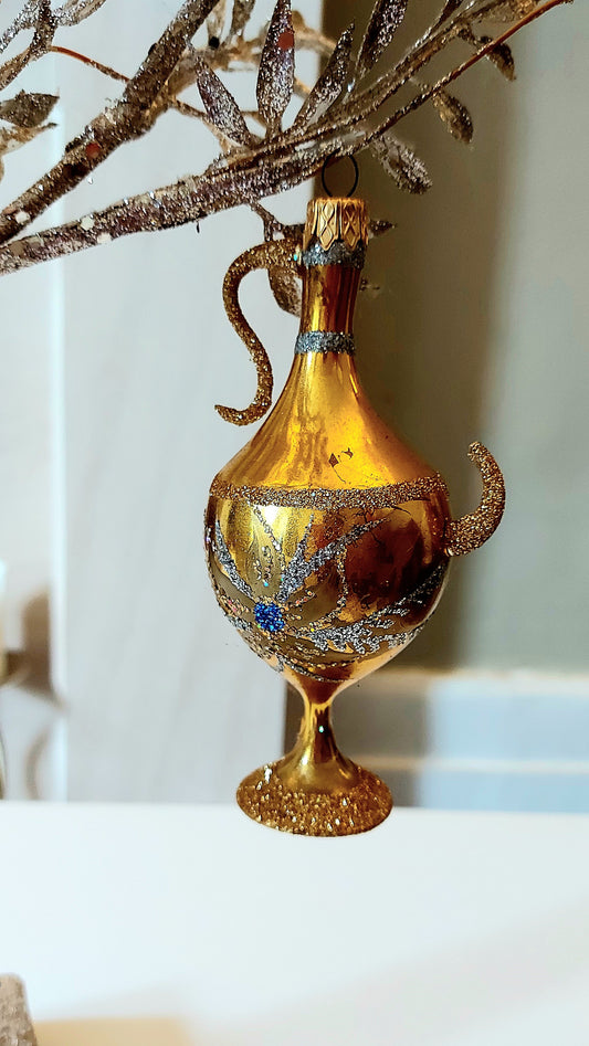 Vintage Czech Republic, Glass Blown, Hand Painted Christmas Tree Ornament - Genie Lamp gold/silver